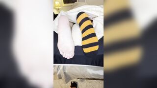Maria Miller – Black and orange stripe tickle with sock removal